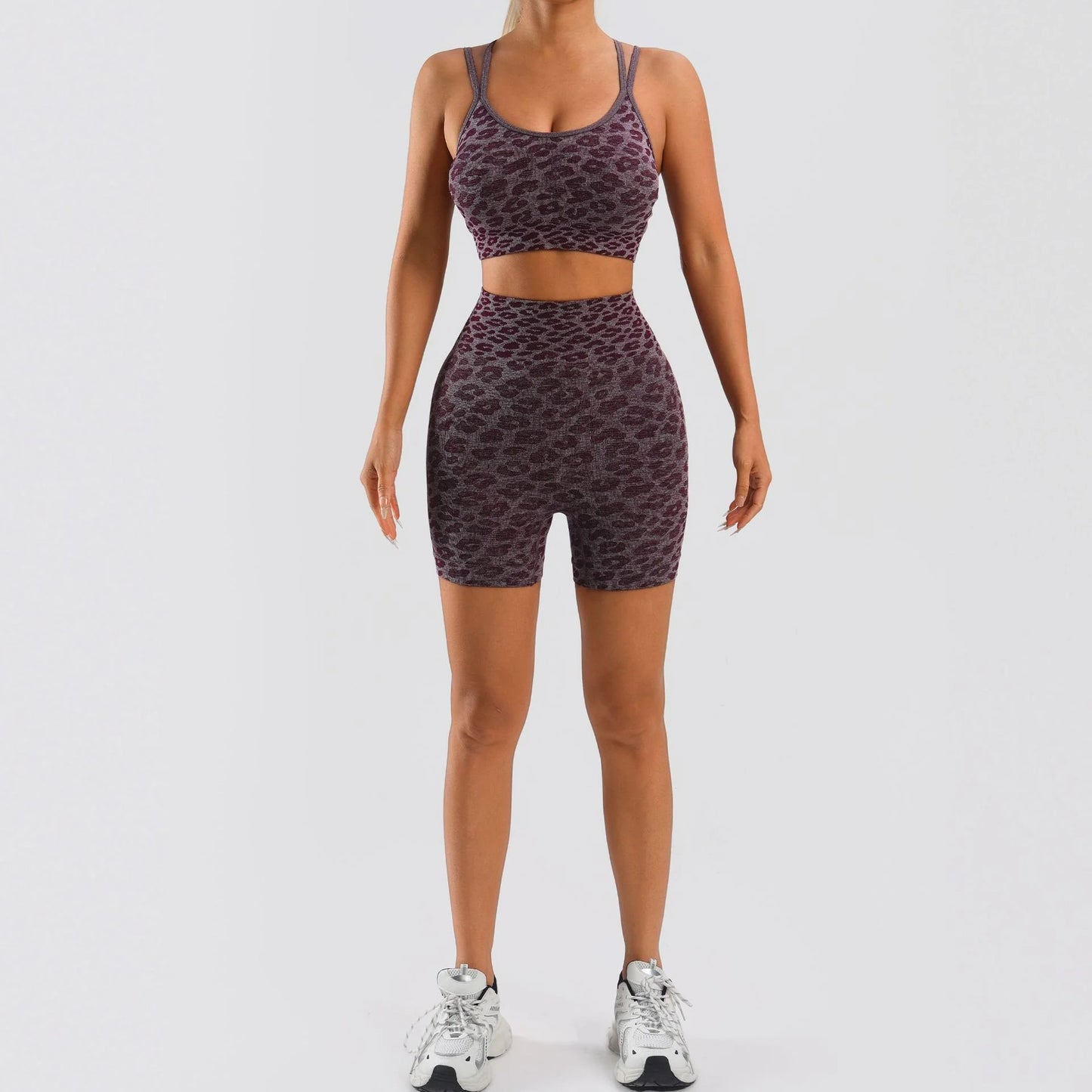 Leopard Print Women's 2 Piece Workout Set With Crop Tank
