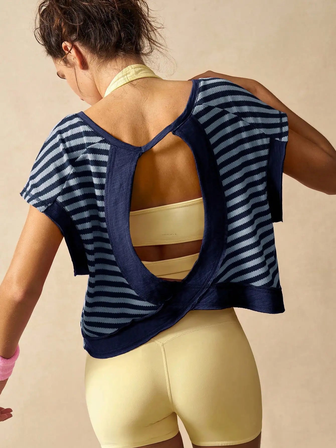 Women Striped Open Back Workout Top Breathable Gym Training