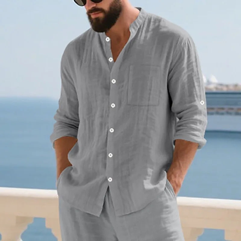 Mens Linen Button Down Long Sleeve Shirt Relaxed Fit