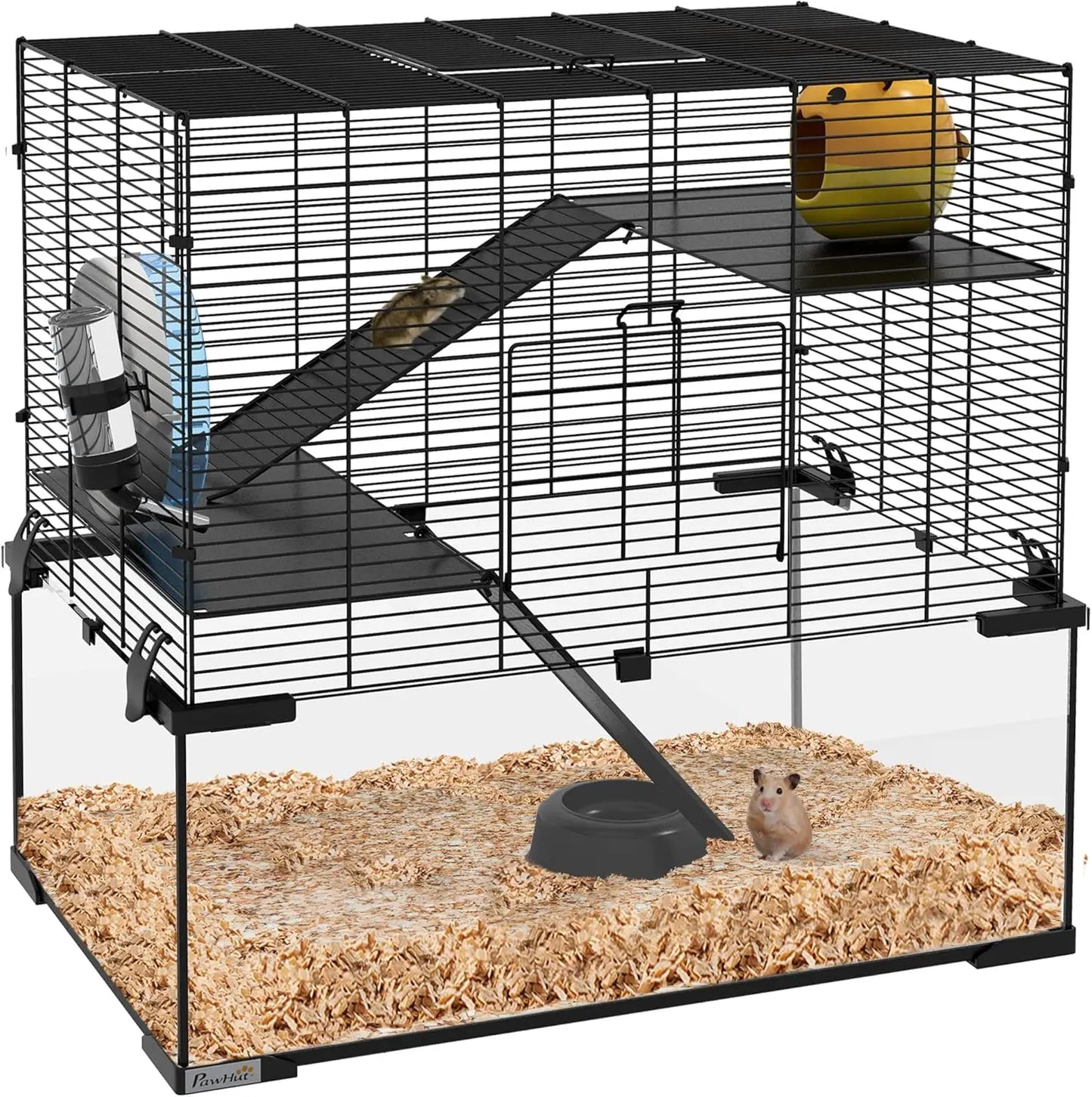 23.5" Black Cage with Ramps, Water Dispenser and Exercise Wheel for Small Animals