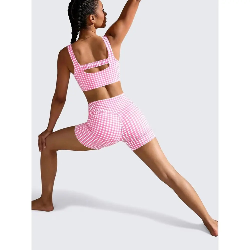 Gingham 2 Piece Womens Workout Set High Waisted Shorts Bra