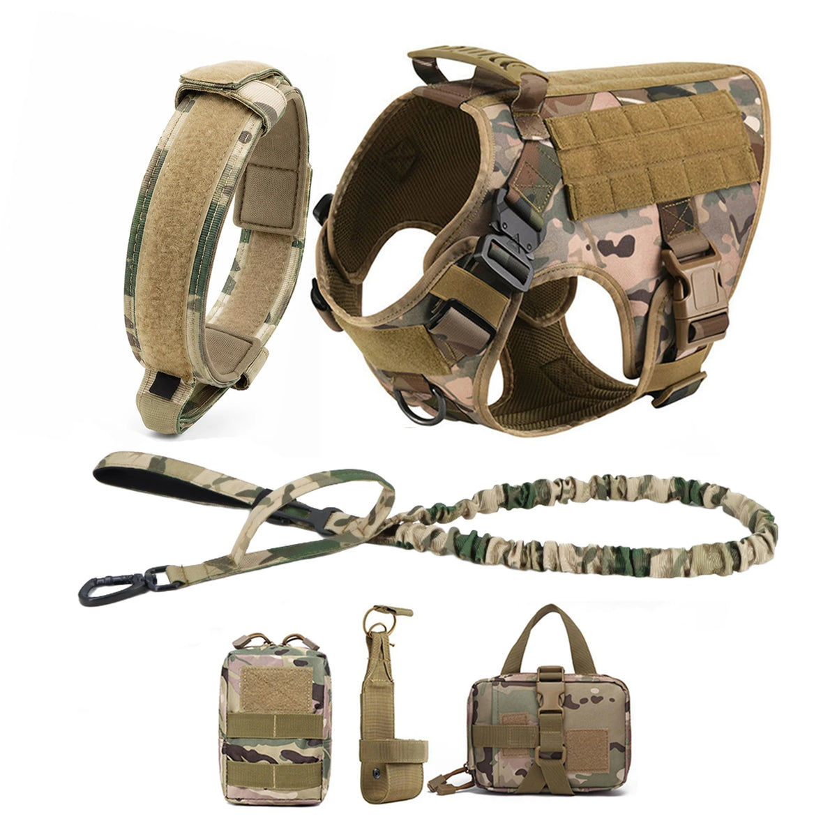 Tactical Dog Harness Collar Leash with Pouches For Medium & Large Dogs