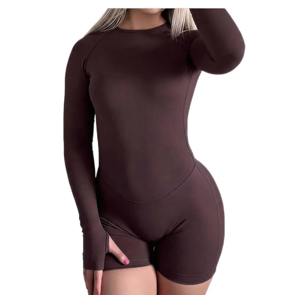 Seamless Nylon Blend Women Long Sleeve Yoga Jumpsuit With Shorts