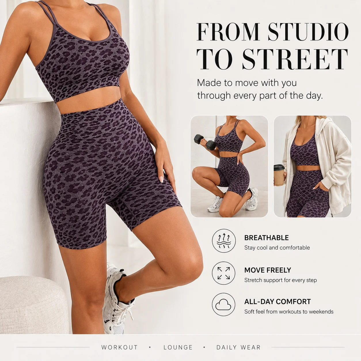 Leopard Print Women's 2 Piece Workout Set With Crop Tank