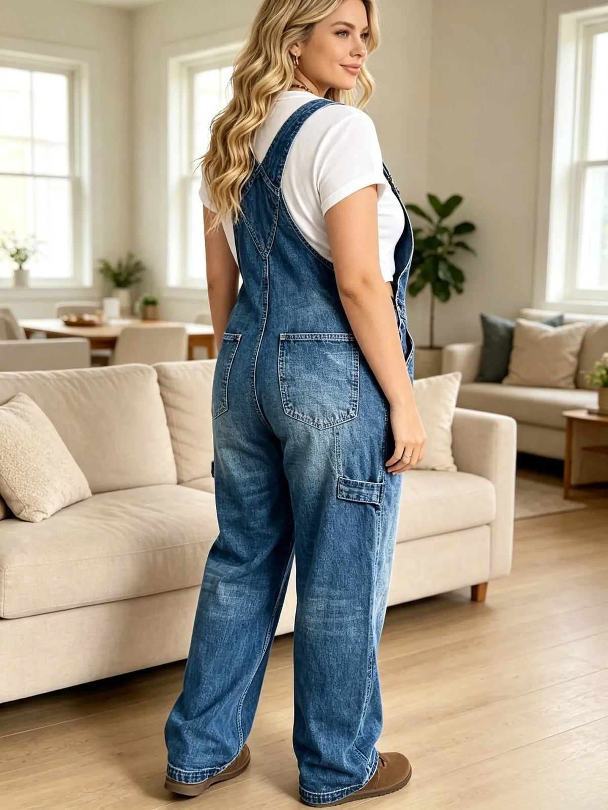 Women's High Waist Distressed Denim Overall Workwear Pants