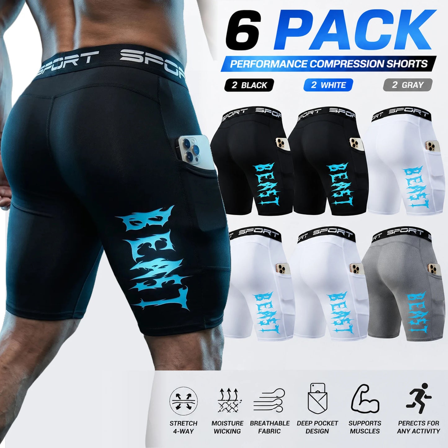 Men's Sports Compression Shorts With Phone Pocket For Running
