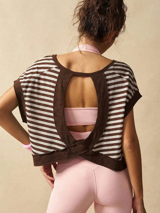 Women Striped Open Back Workout Top Breathable Gym Training