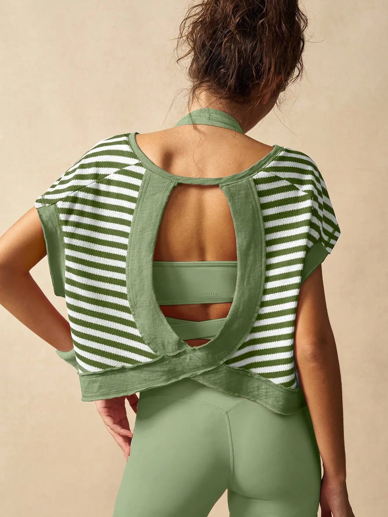Women Striped Open Back Workout Top Breathable Gym Training