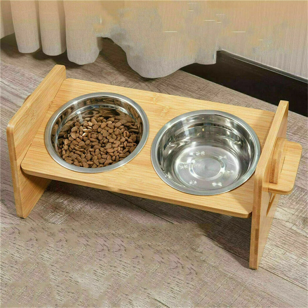 Elevated 4 level Bamboo Dog Feeding Station with 2 Stainless Steel Bowls