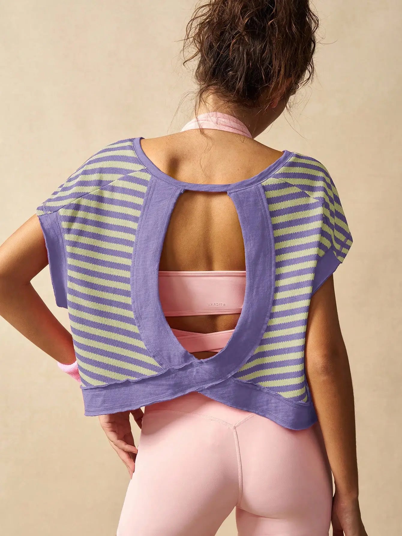 Women Striped Open Back Workout Top Breathable Gym Training