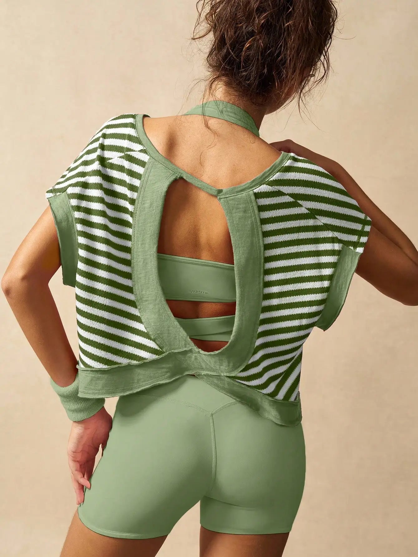 Women Striped Open Back Workout Top Breathable Gym Training