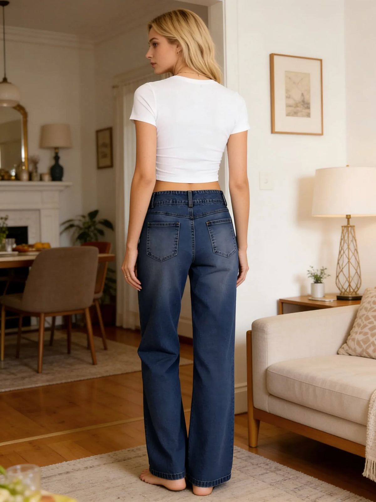 Womens High Waist Triple Button Vertical Stitch Denim Jeans