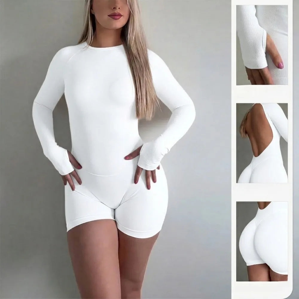 Seamless Nylon Blend Women Long Sleeve Yoga Jumpsuit With Shorts