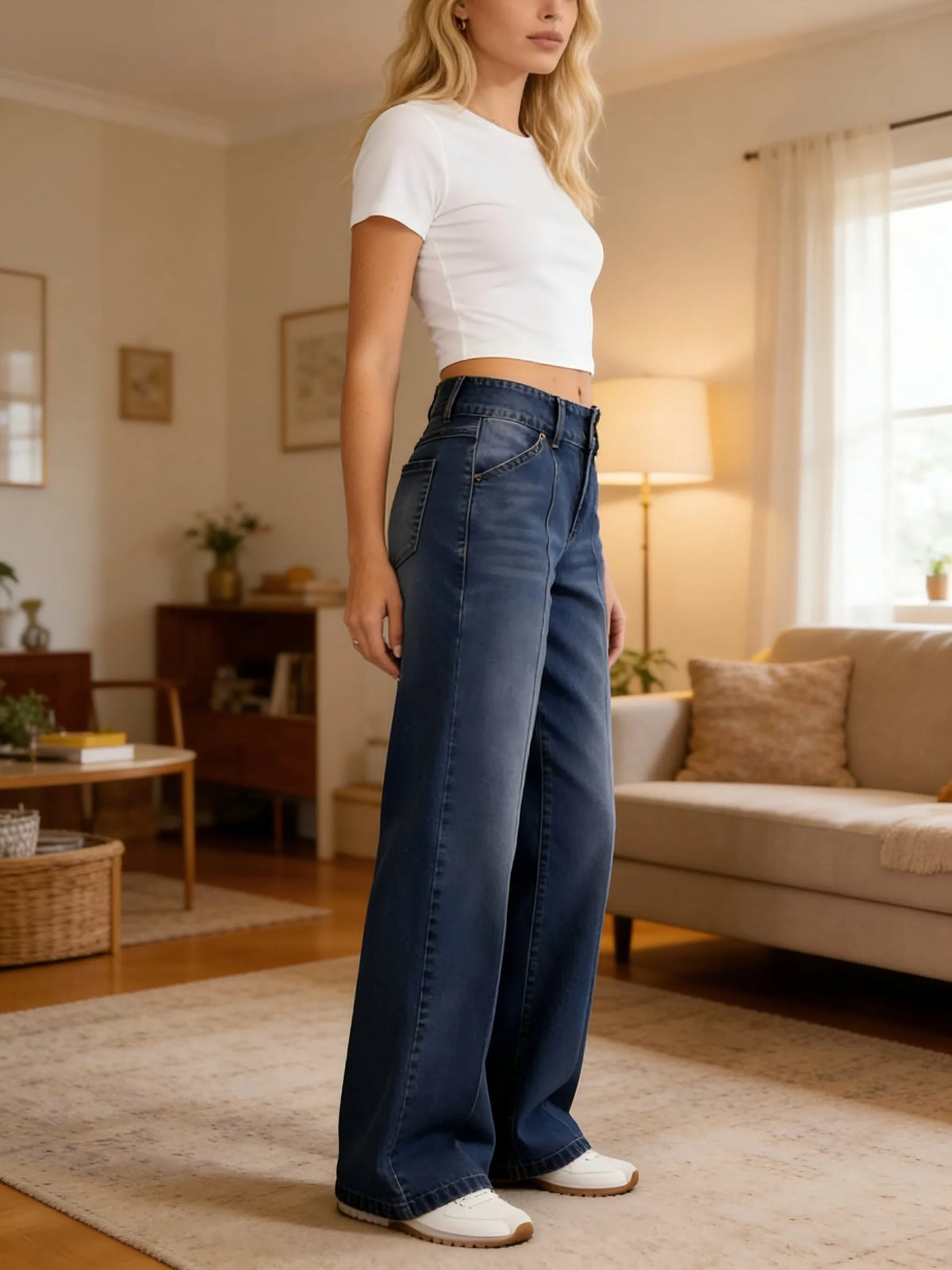 Womens High Waist Triple Button Vertical Stitch Denim Jeans