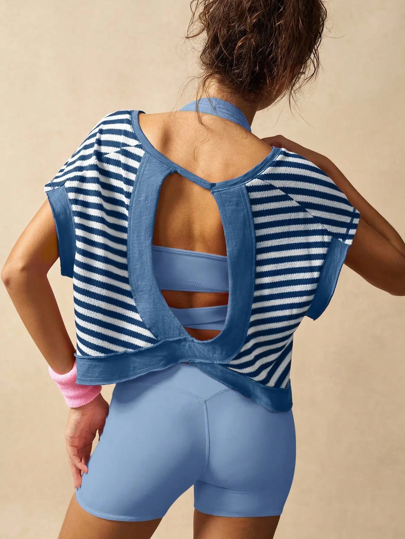 Women Striped Open Back Workout Top Breathable Gym Training