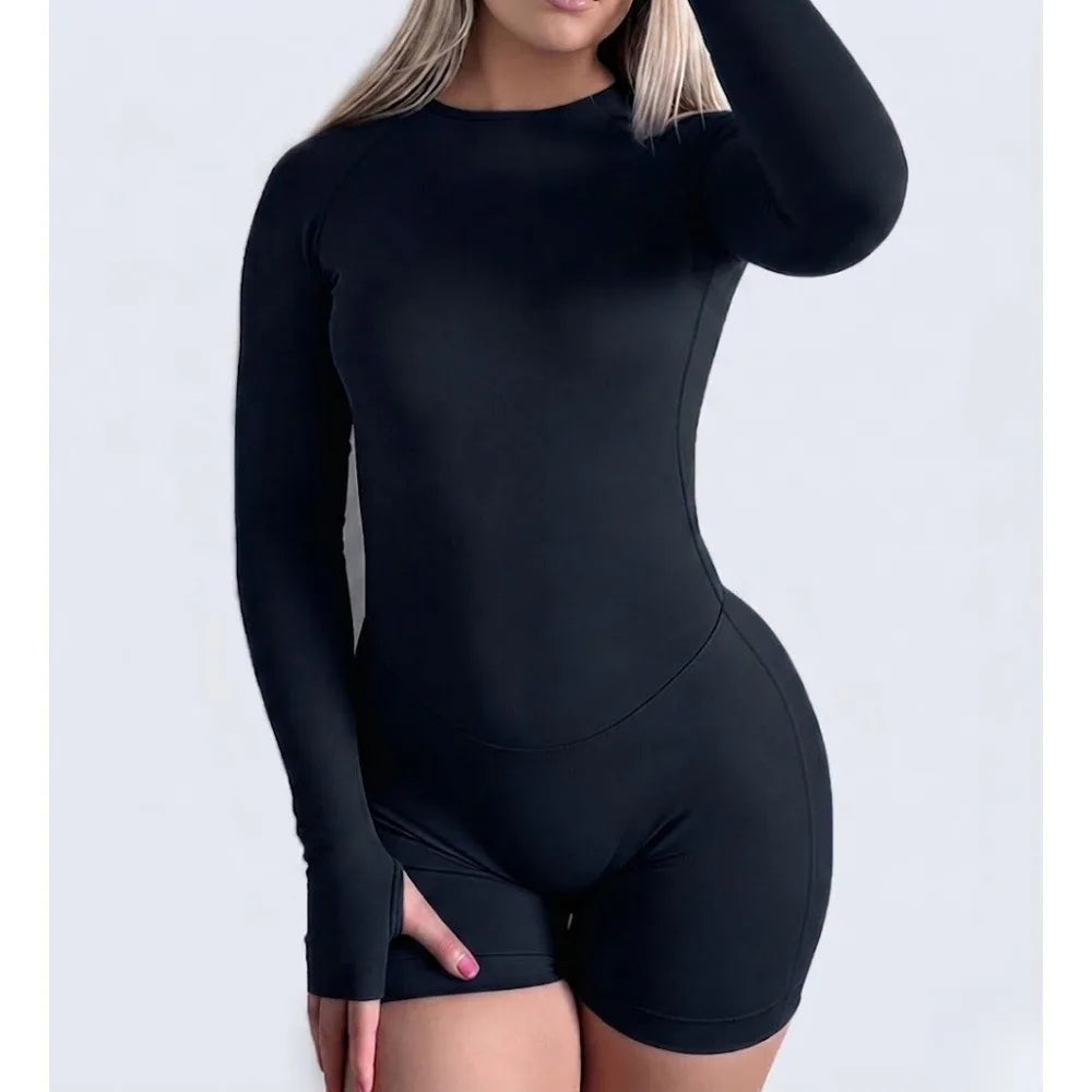 Seamless Nylon Blend Women Long Sleeve Yoga Jumpsuit With Shorts