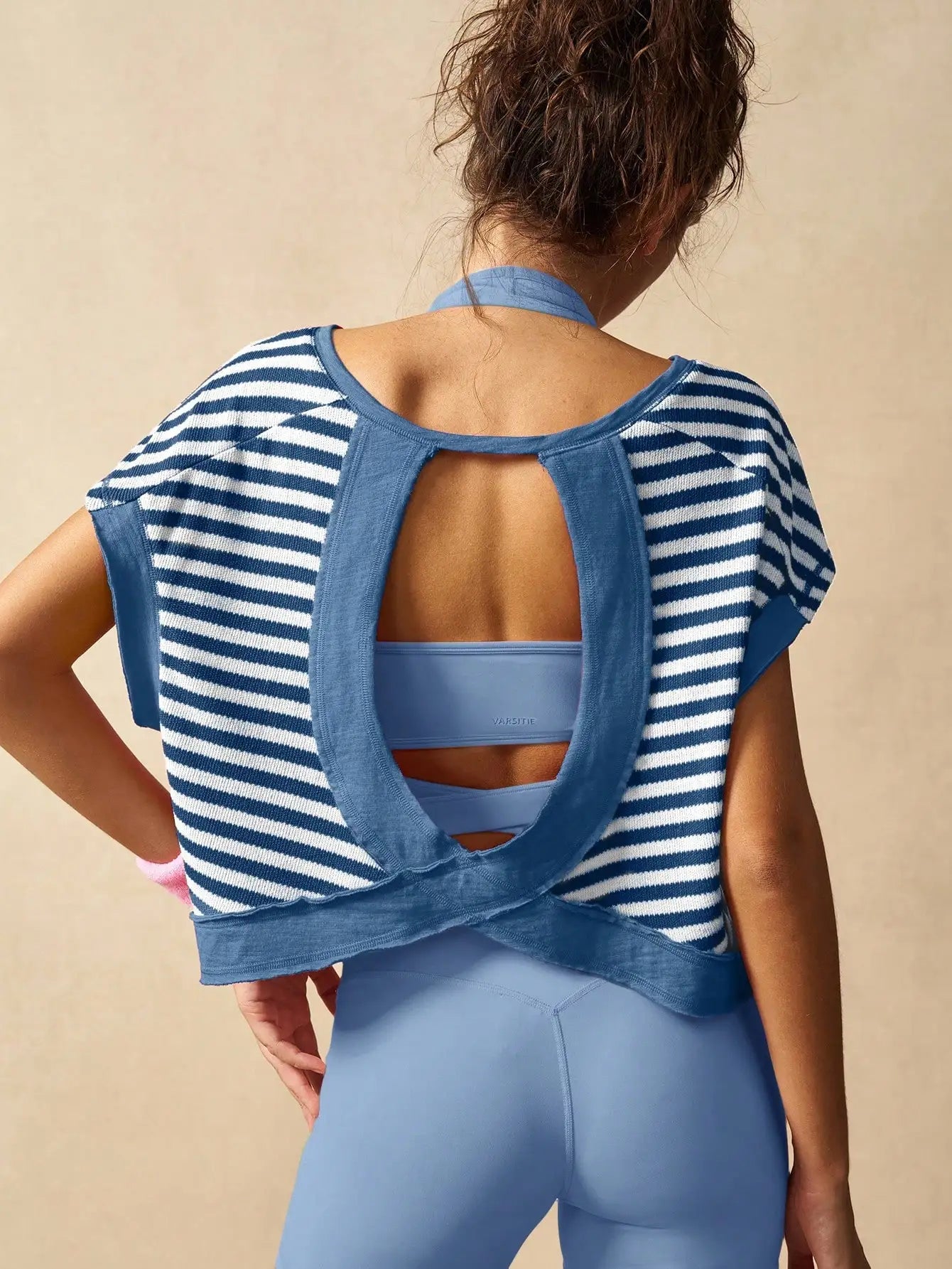 Women Striped Open Back Workout Top Breathable Gym Training