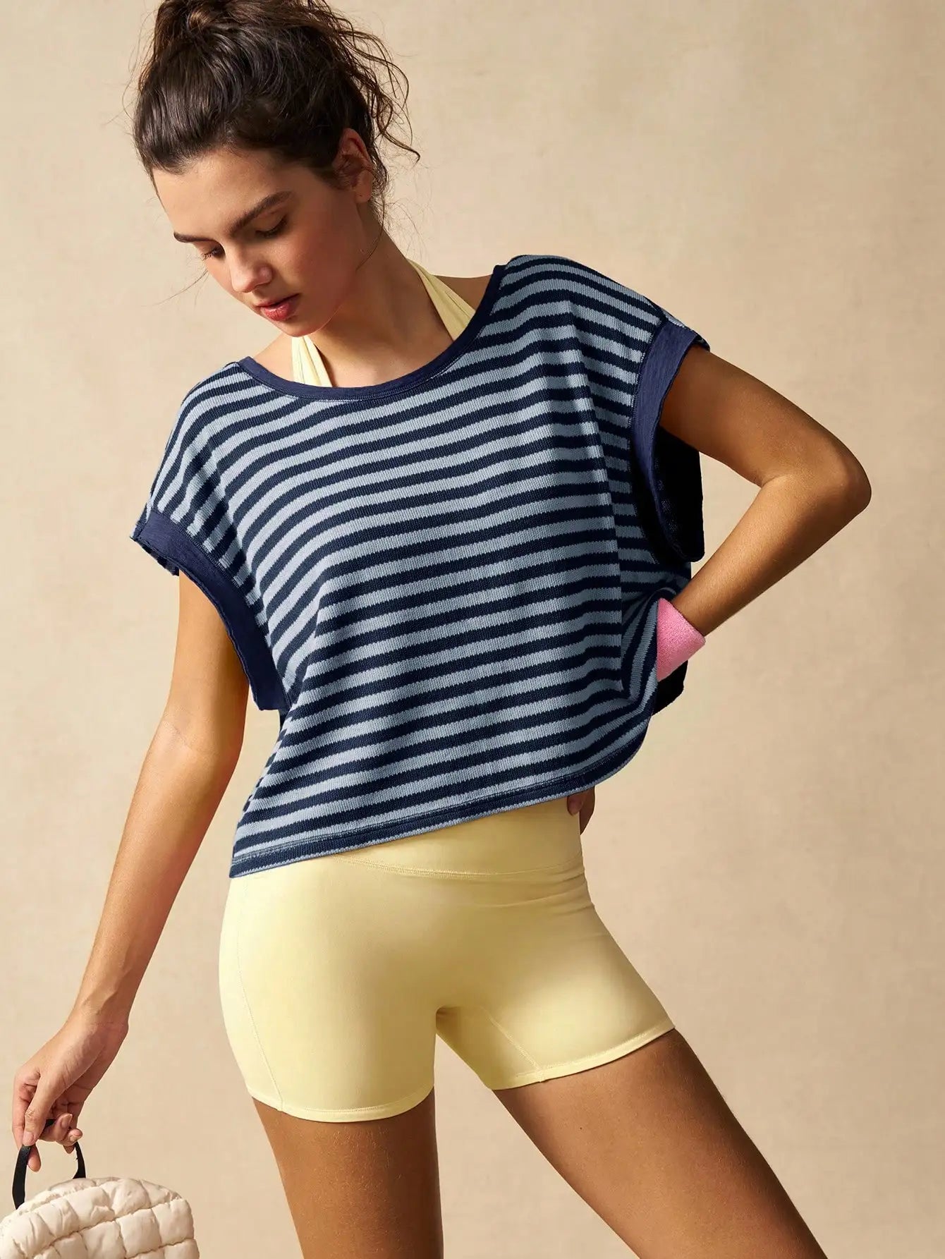 Women Striped Open Back Workout Top Breathable Gym Training