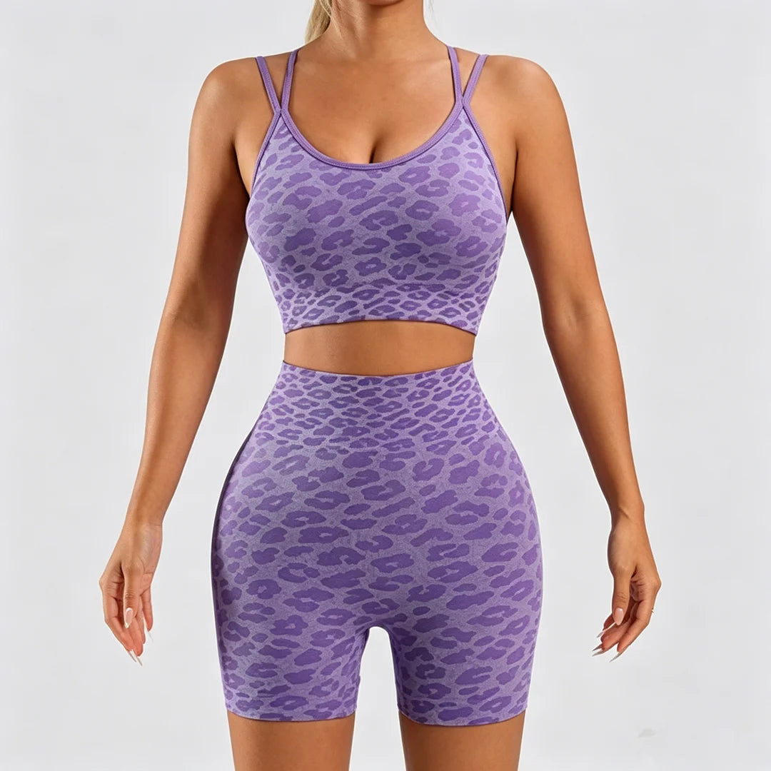 Leopard Print Women's 2 Piece Workout Set With Crop Tank