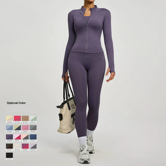 Women's 2Pcs Zipper Long Sleeve Top And Leggings Set