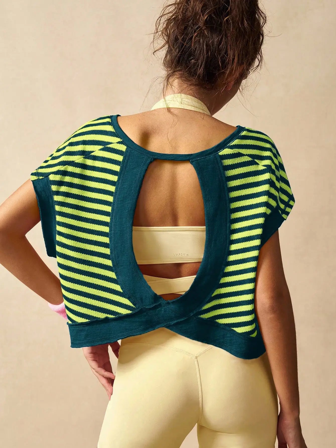 Women Striped Open Back Workout Top Breathable Gym Training