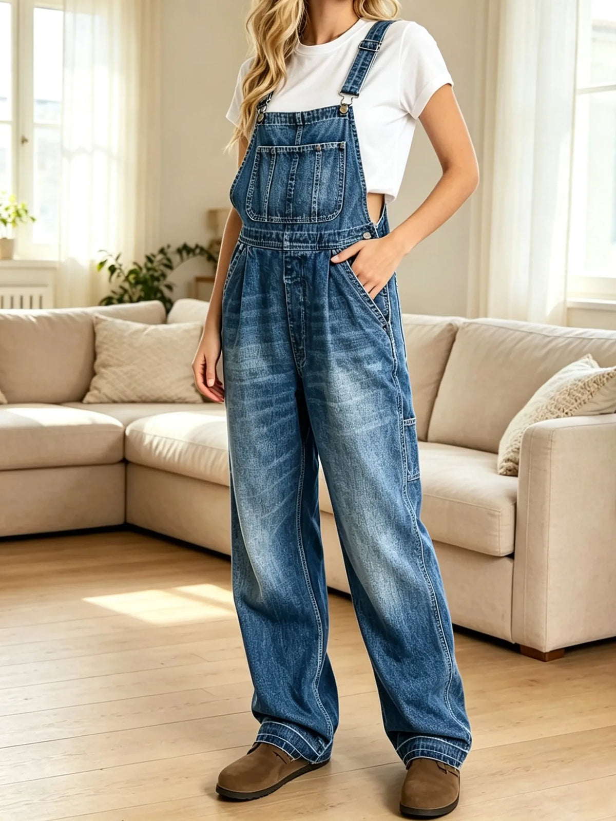 Women's High Waist Distressed Denim Overall Workwear Pants