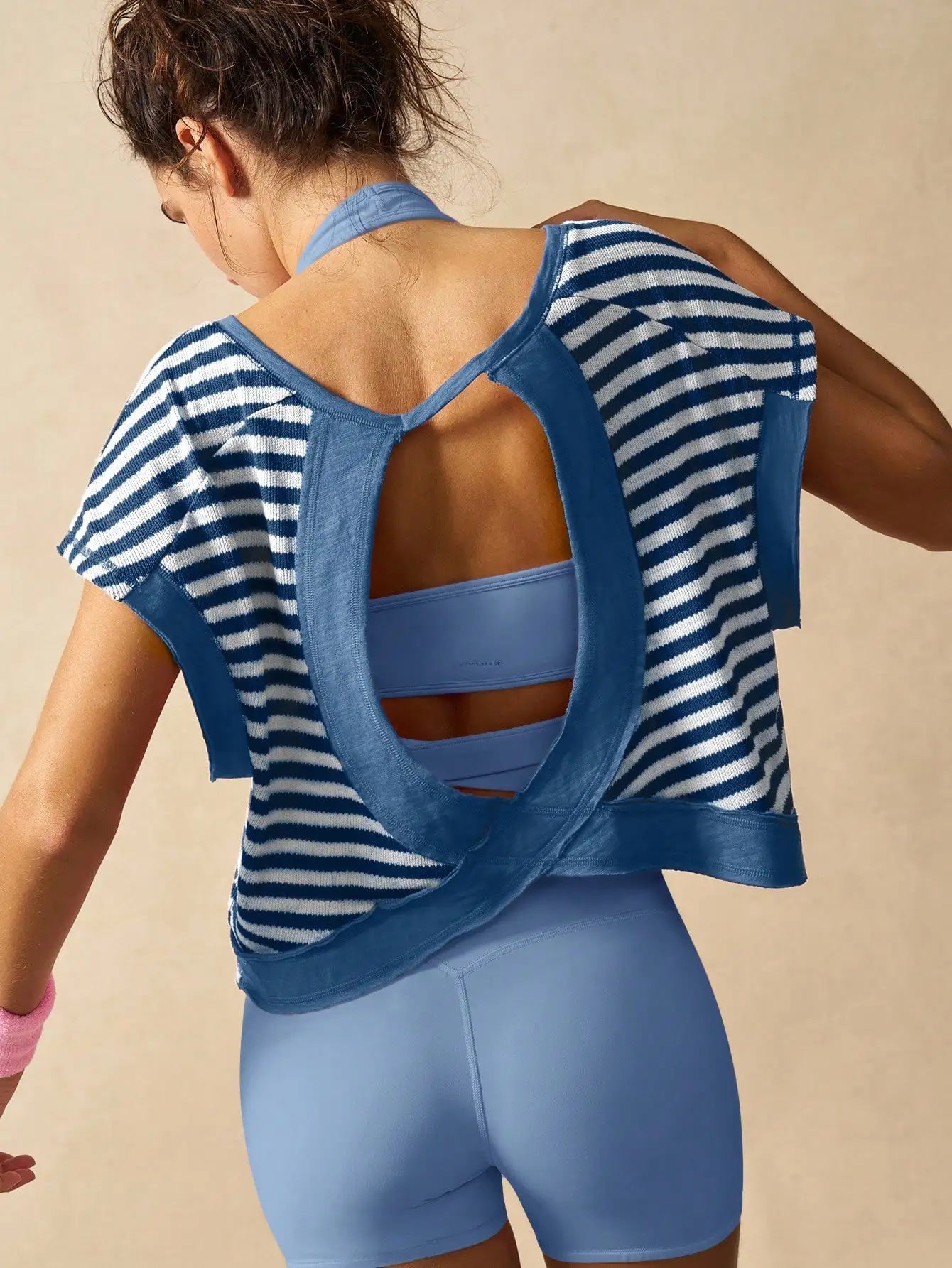 Women Striped Open Back Workout Top Breathable Gym Training
