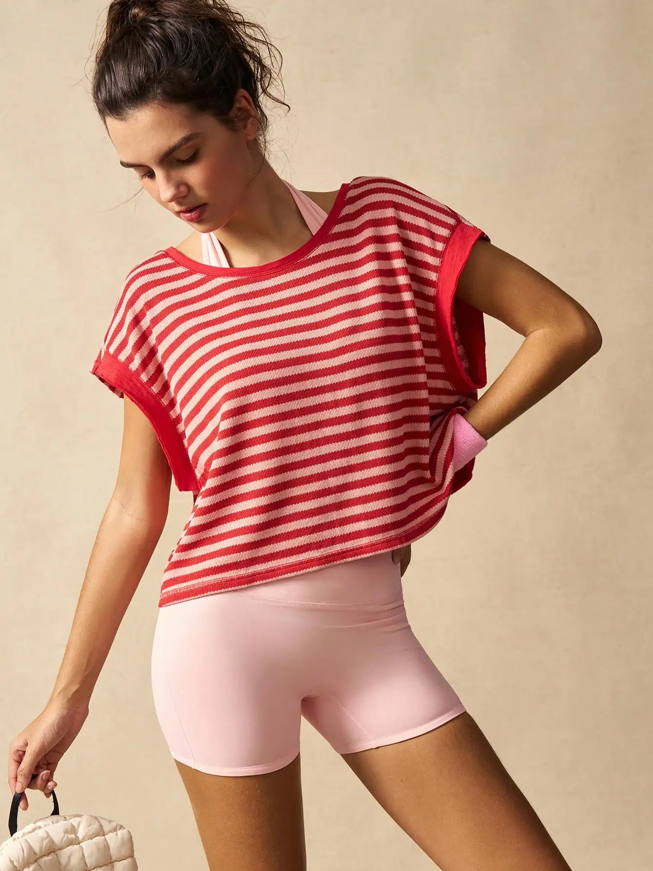 Women Striped Open Back Workout Top Breathable Gym Training