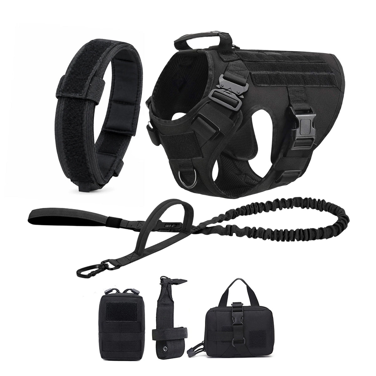 Tactical Dog Harness Collar Leash with Pouches For Medium & Large Dogs