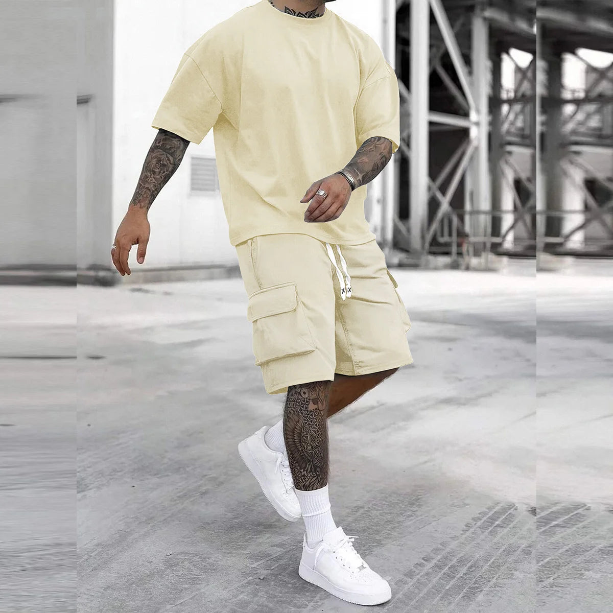 Men's Multi Pocket Cargo Pants Short Sleeve T Shirt Set
