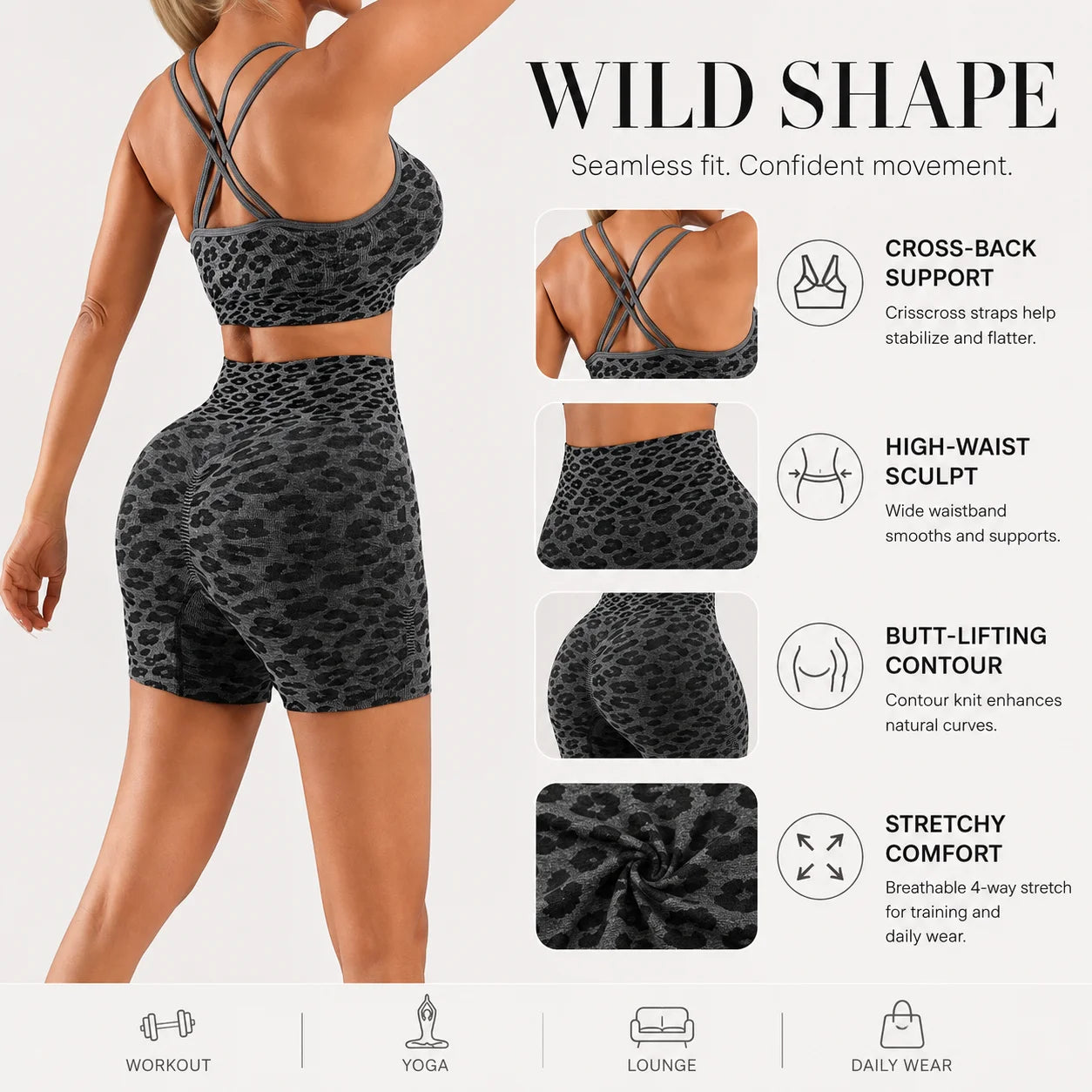 Leopard Print Women's 2 Piece Workout Set With Crop Tank