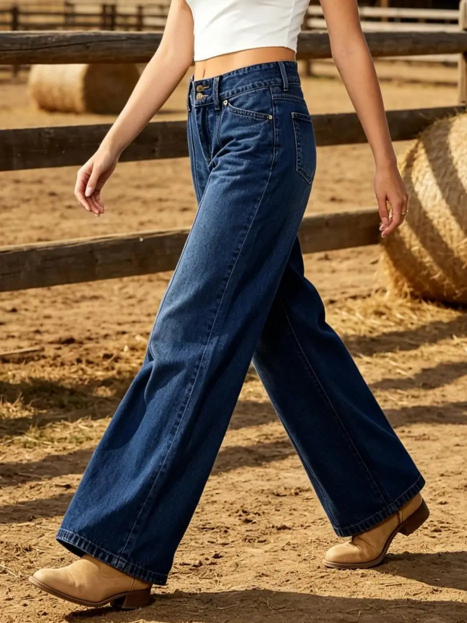 Womens High Waist Triple Button Vertical Stitch Denim Jeans