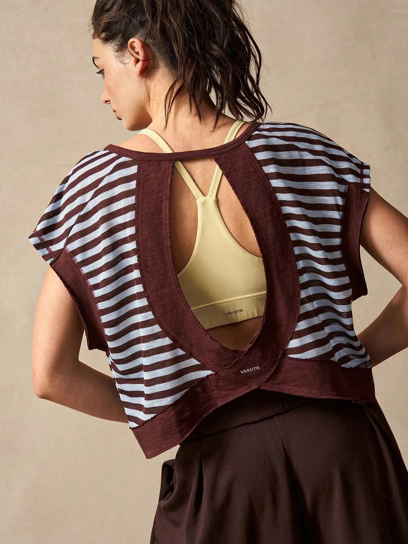 Women Striped Open Back Workout Top Breathable Gym Training