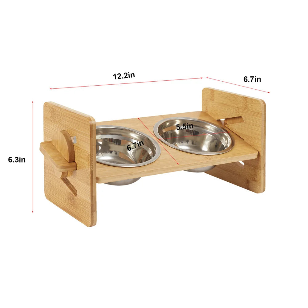 Elevated 4 level Bamboo Dog Feeding Station with 2 Stainless Steel Bowls