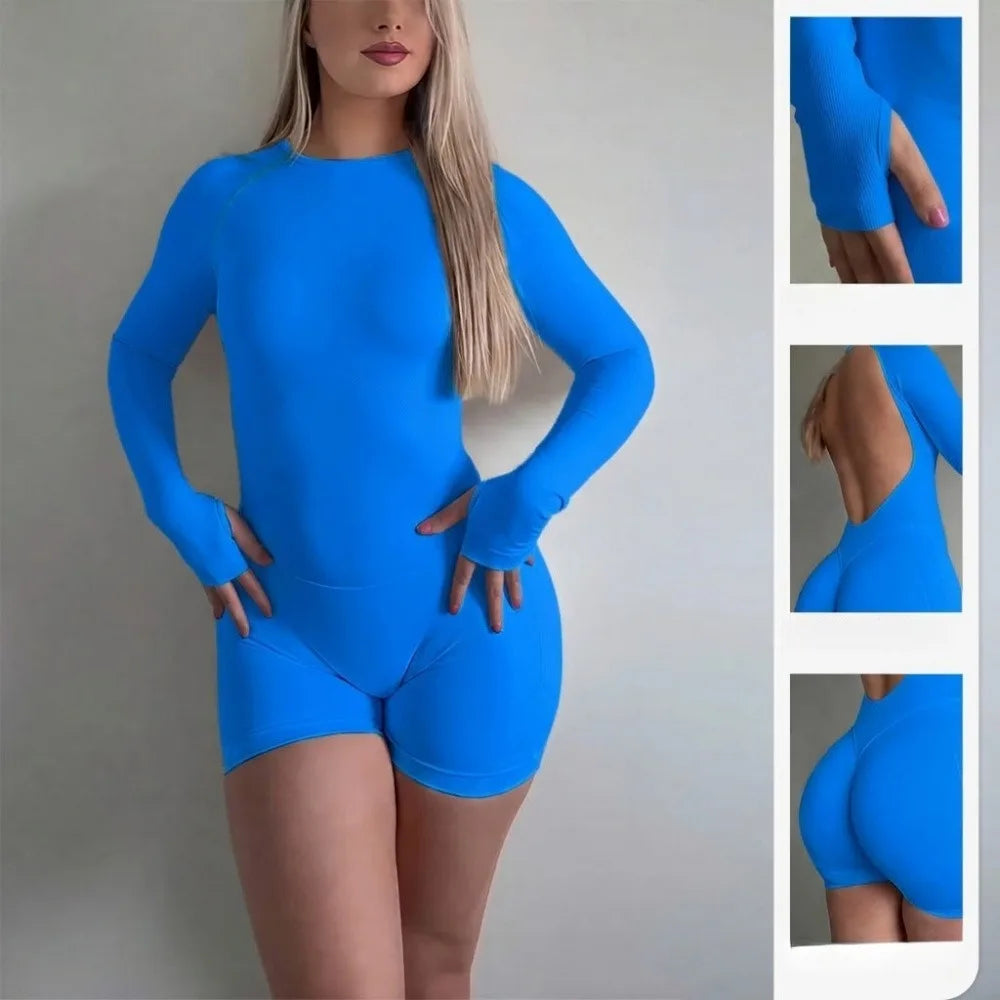 Seamless Nylon Blend Women Long Sleeve Yoga Jumpsuit With Shorts