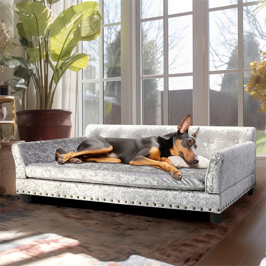 Luxury Velvet Tufted Dog Sofa Bed Upholstered Cushion Wooden Frame