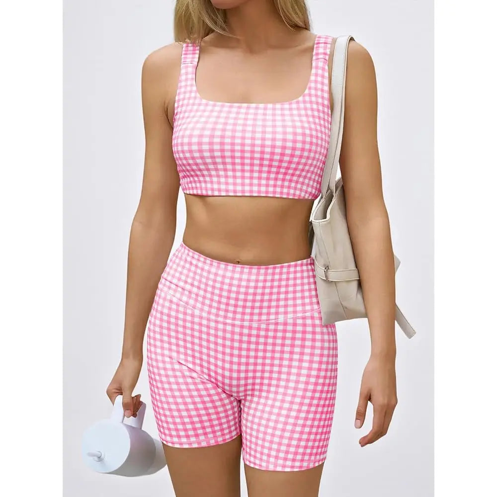 Gingham 2 Piece Womens Workout Set High Waisted Shorts Bra