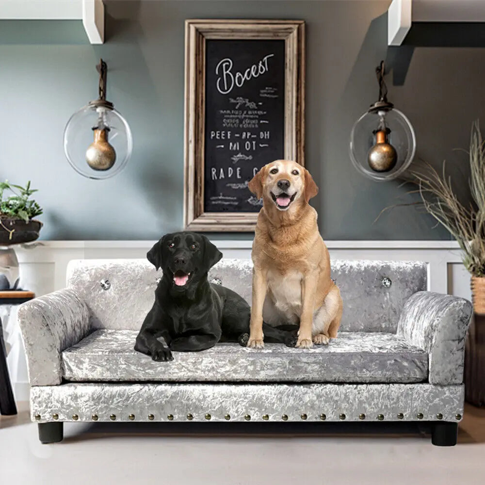 Luxury Velvet Tufted Dog Sofa Bed Upholstered Cushion Wooden Frame