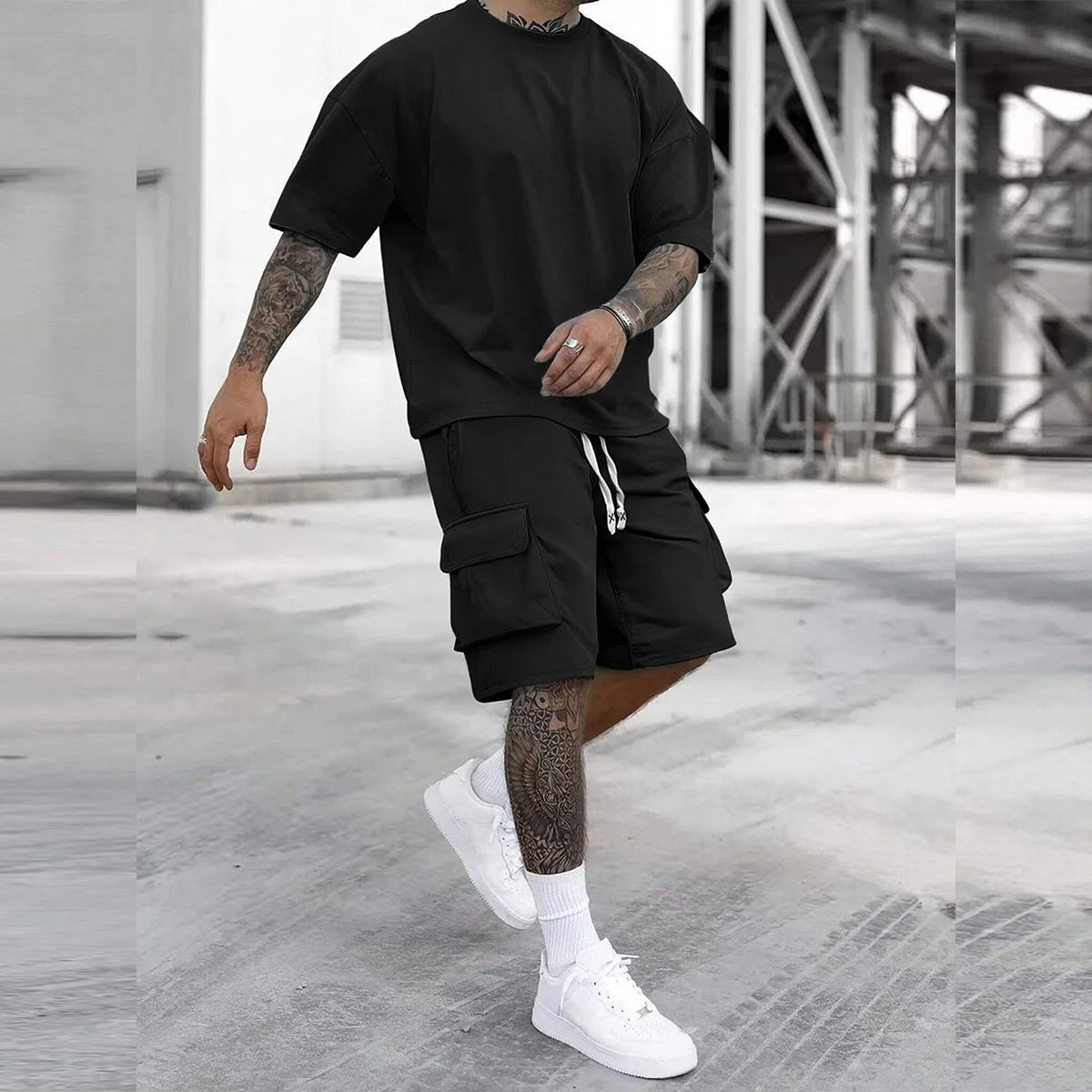 Men's Multi Pocket Cargo Pants Short Sleeve T Shirt Set