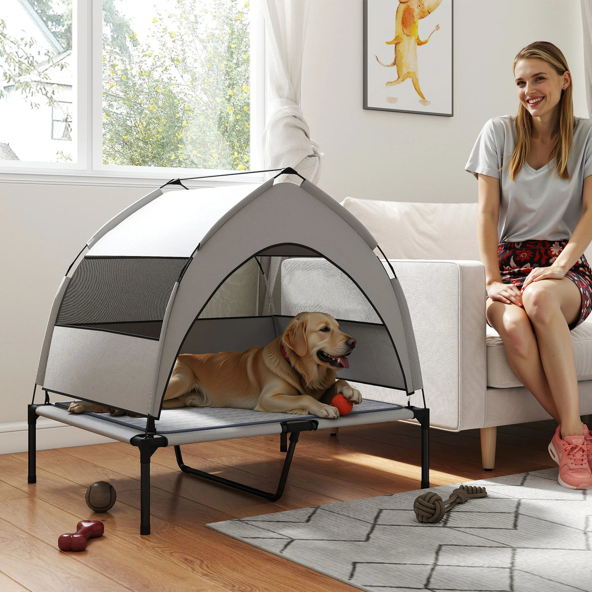 Portable Elevated Dog Bed With Removable Canopy And Storage Bag