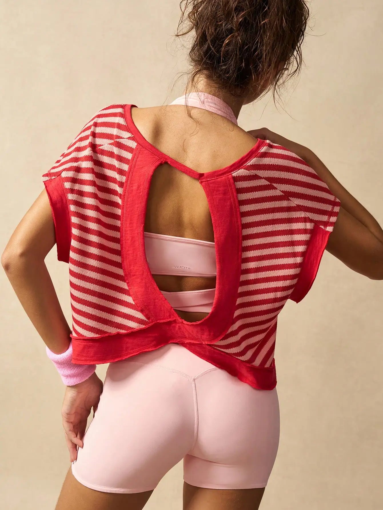 Women Striped Open Back Workout Top Breathable Gym Training