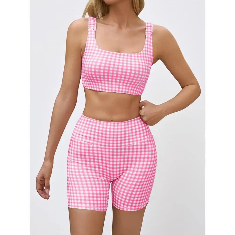 Gingham 2 Piece Womens Workout Set High Waisted Shorts Bra