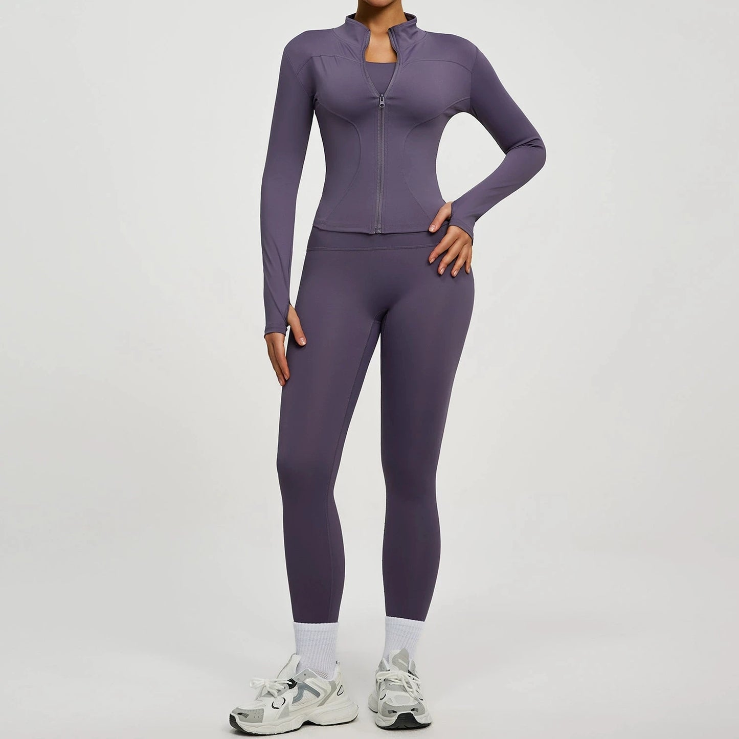 Women's 2Pcs Zipper Long Sleeve Top And Leggings Set