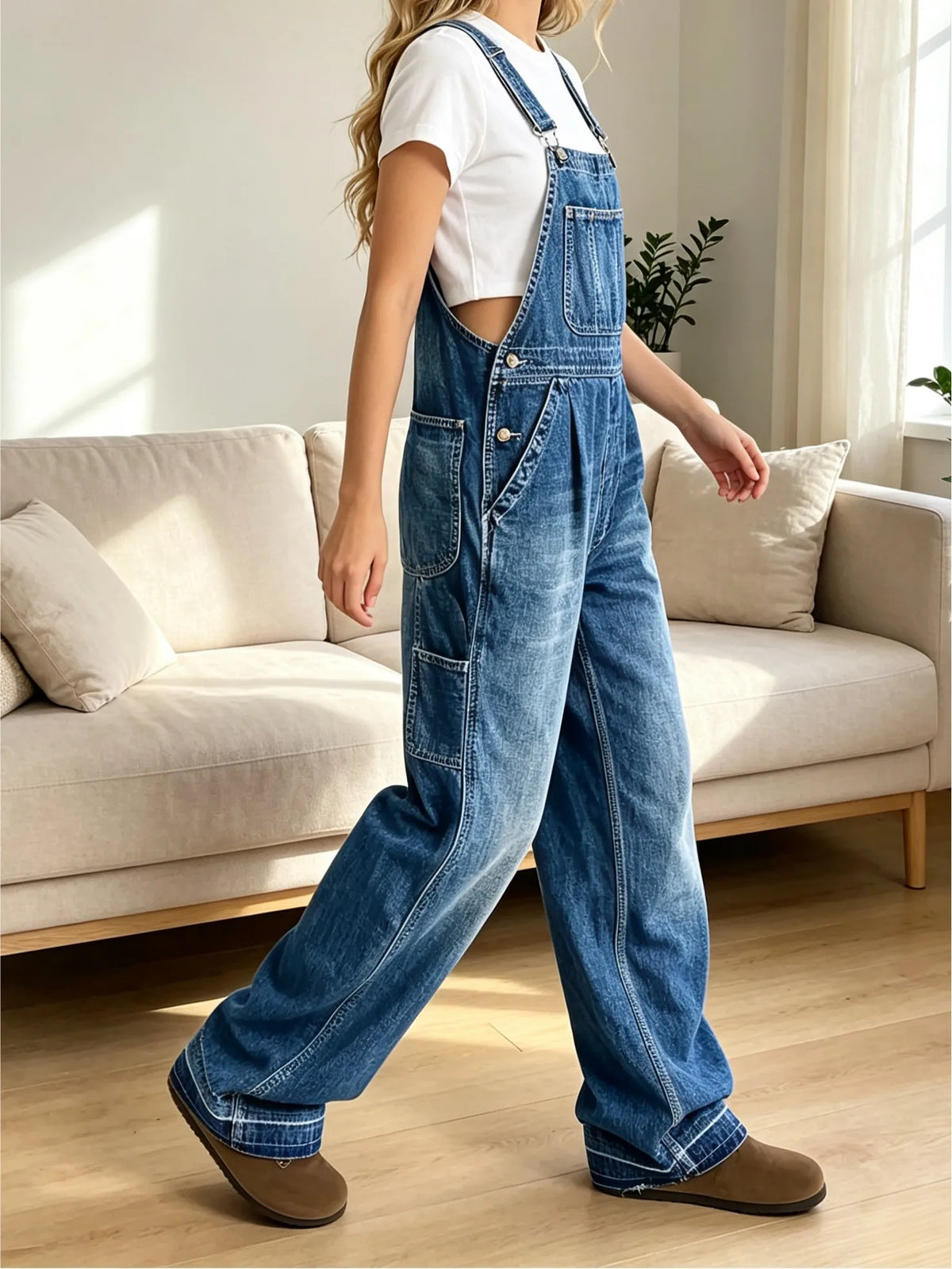 Women's High Waist Distressed Denim Overall Workwear Pants