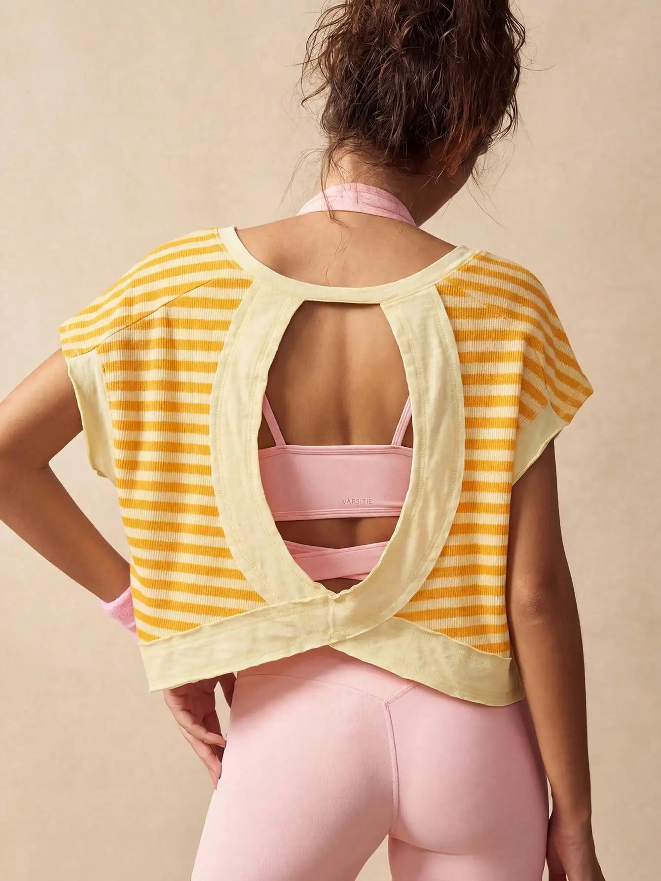 Women Striped Open Back Workout Top Breathable Gym Training
