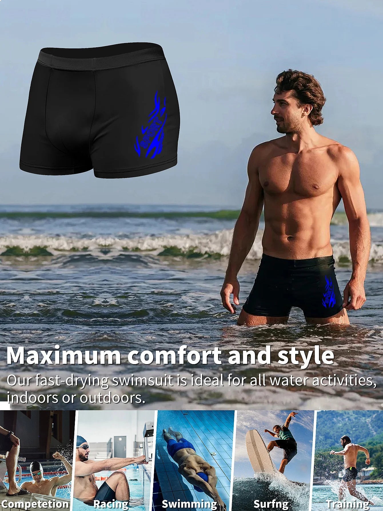 Men's Quick Dry Stretchy Swim Trunks Slim Fit Beachwear