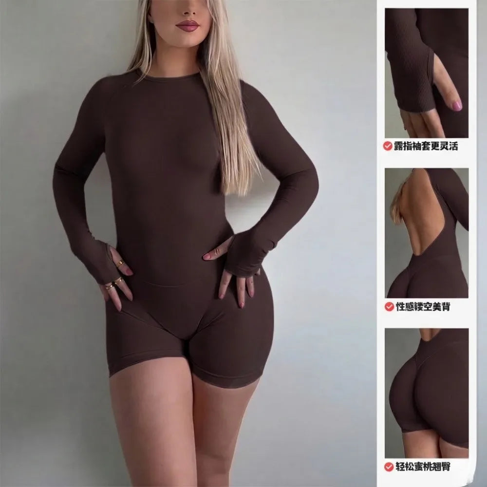 Seamless Nylon Blend Women Long Sleeve Yoga Jumpsuit With Shorts