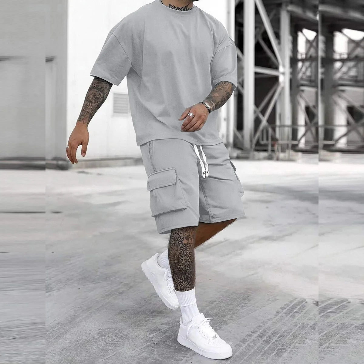 Men's Multi Pocket Cargo Pants Short Sleeve T Shirt Set