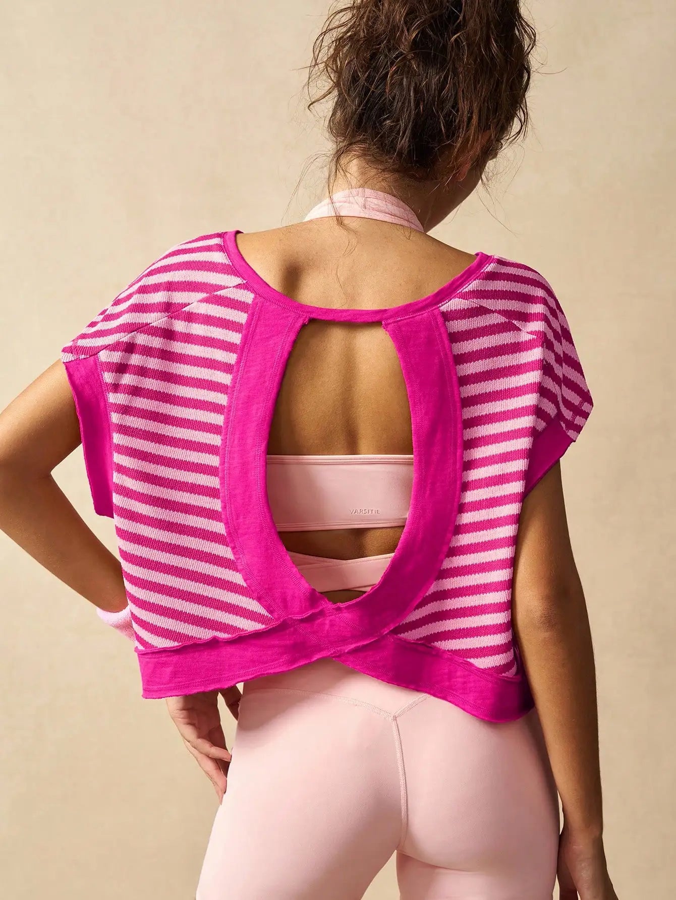 Women Striped Open Back Workout Top Breathable Gym Training