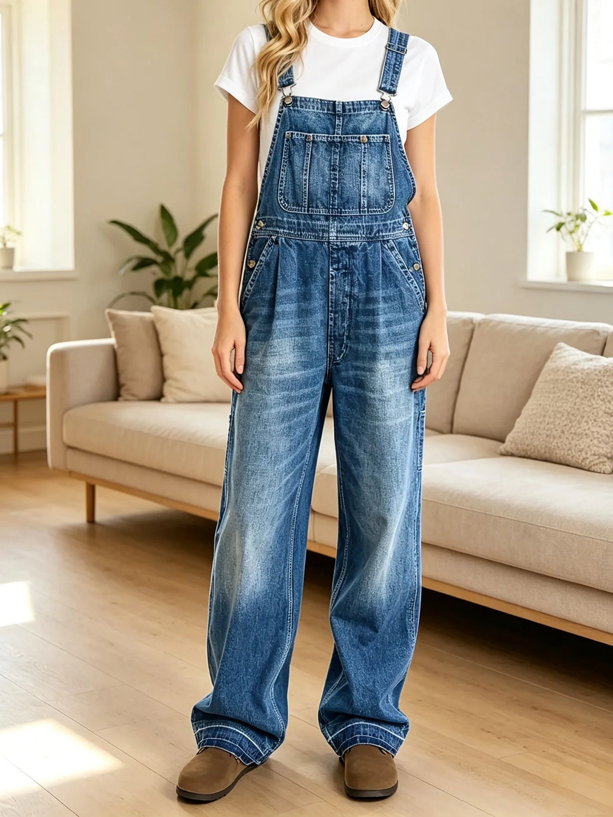 Women's High Waist Distressed Denim Overall Workwear Pants